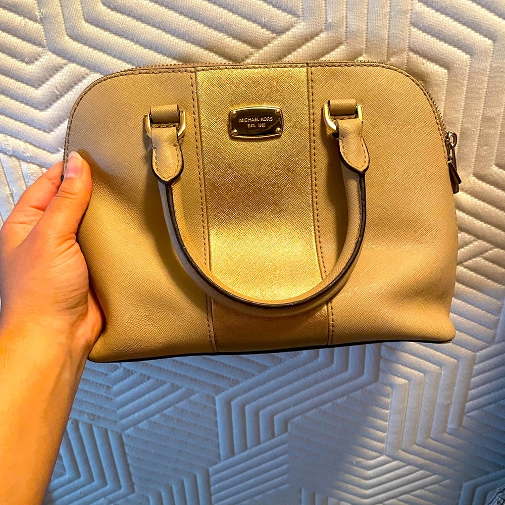 MICHAEL KORS PURSE Cindy Dome Satchel Tan and Gold